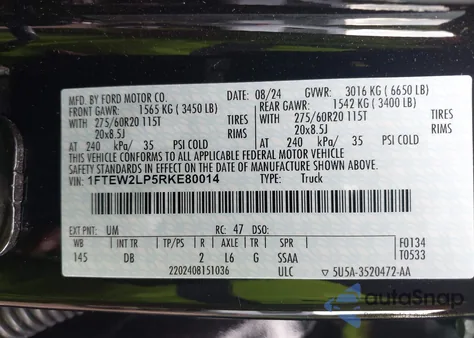 2024 Ford F-150 Stx z USA, uszkodzony, nr VIN 1FTEW2LP5RKE80014